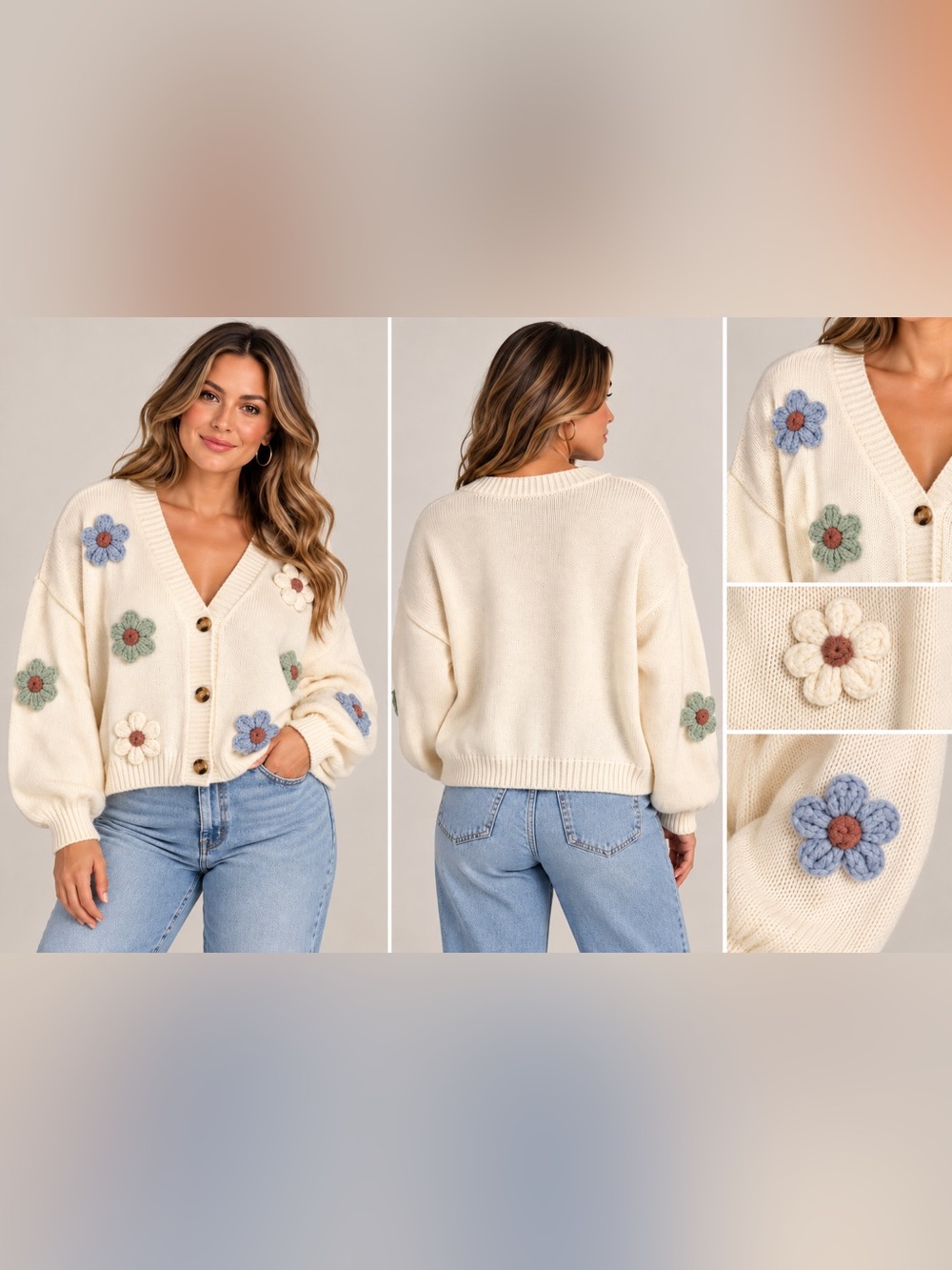 Cider Cream Cropped Cardigan with Pastel Floral Appliqués